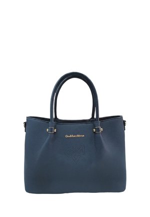 Borsa a mano in pelle blu scuro con due manici arrotondati, logo del marchio dorato e design a cuore traforato sulla parte frontale.