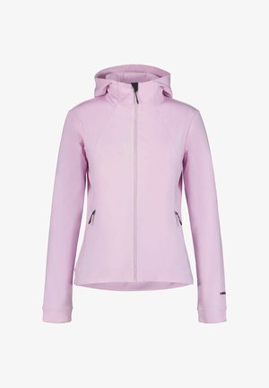 Vaaleanpunainen vetoketjullinen huppari, jossa on raglan-hihat ja kaksi sivutaskua vetoketjuilla. Sileä pinta, ei näkyviä kuvioita.