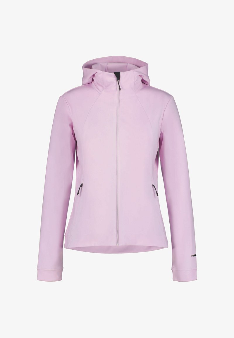 Lichtroze jas met rits en capuchon, voorzien van raglanmouwen en twee zijzakken met ritsen. Gladde structuur, zonder zichtbare patronen.