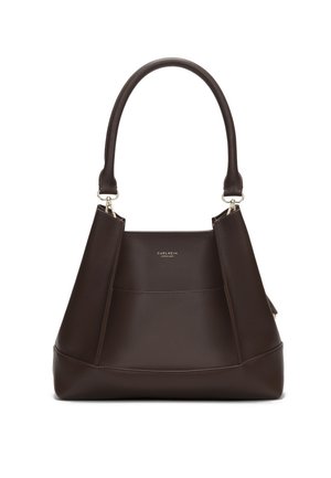 Sac à main en cuir marron foncé avec une anse unique incurvée, forme trapèze, et petit logo "Carlheim Copenhagen" au centre devant.