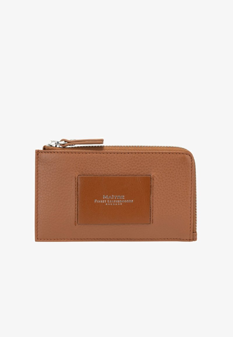 Brown leather wallet with a textured surface, a zip closure, and a contrasting smooth leather panel featuring silver branding.