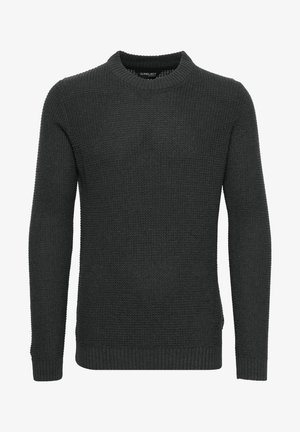 Dunkelgrauer Strickpullover mit strukturierter Oberfläche, rundem Ausschnitt und gerippten Bündchen und Saum. Lässige Passform mit seitlichen Nahtdetails.