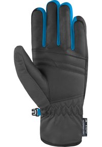 Black leather glove with blue accents on fingers. Features padded design, elastic wrist strap, and logo tag. Suitable for cold weather.