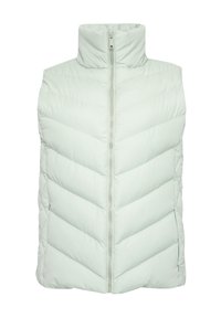 Hellgrüne Steppweste mit hohem Kragen, gestepptem Chevron-Muster, Frontreißverschluss und glattem Stoff. Geeignet zum Layering.