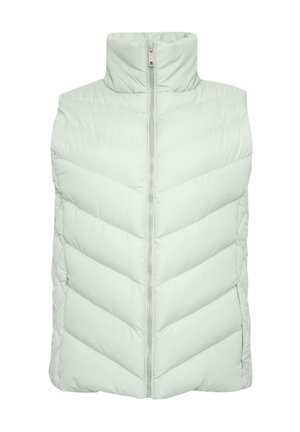 Světlounce zelená péřová vesta s vysokým límcem, vzorem ve tvaru šípů, předním zipem a hladkým povrchem. Vhodná pro vrstvení.