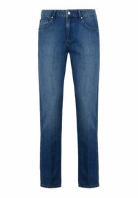 Denimjeans i mörkblått, rak bendesign, med framknäppning, fem fickor och minimal blekning för en klassisk look.