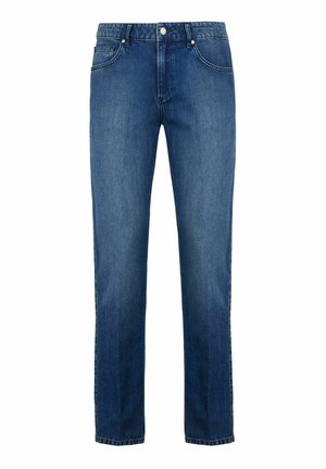 Jeans in denim blu scuro, design a gamba dritta, con chiusura frontale a bottone, cinque tasche e un leggero scolorimento per un look classico.