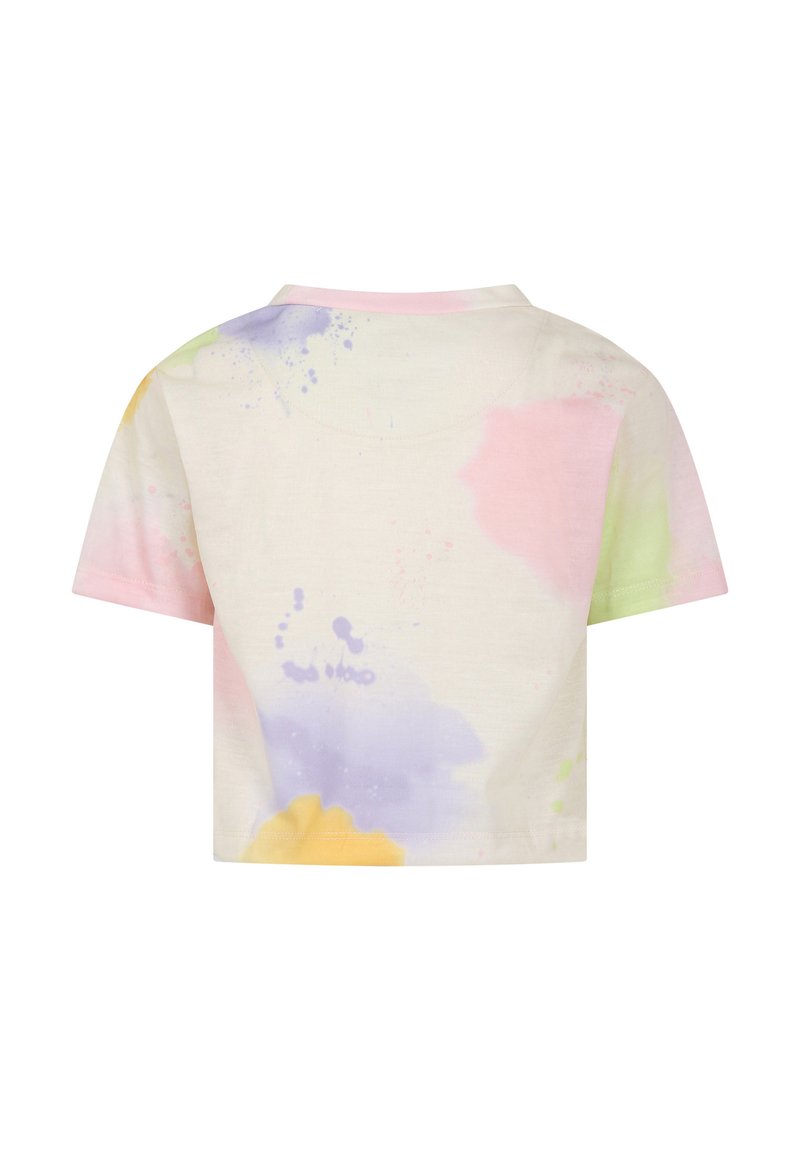 T-shirt cropped di un beige chiaro con spruzzi pastello di rosa, giallo, verde e blu. Maniche corte e scollo tondo. Texture liscia.