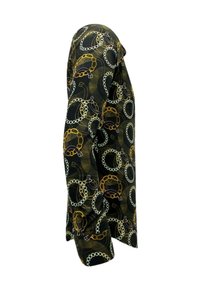 Langarmshirt met een zwarte basis en een gouden en witte kettingpatroon. Gemaakt van lichte stof met een gladde textuur.