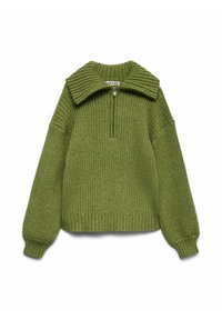 Maglione verde lavorato a maglia con una texture a coste ampia, presenta un collo a zip a quarto e un colletto oversize. Vestibilità rilassata con maniche leggermente a palloncino.