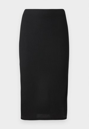 Gonna a matita nera a coste con un design aderente, caratterizzata da una texture liscia e un taglio fino al ginocchio. Vita semplice senza decorazioni.