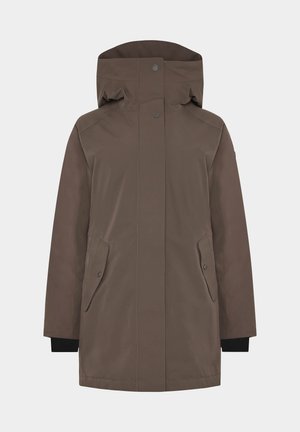 Brauner wasserdichter Parka mit Kapuze, zwei Seitentaschen und schwarzen Strickbündchen, der über eine glatte Textur und ein minimalistisches Design verfügt.