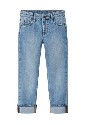 Light blue denim jeans with rolled cuffs, front pockets, belt loops, and a button closure on a white background.