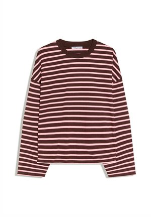Langärmeliges Shirt mit Rundhalsausschnitt und braunen sowie pinken horizontalen Streifen, lockere Passform, aus weichem Stoff gefertigt.