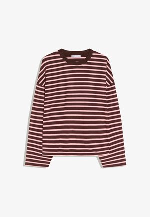 Maglietta a maniche lunghe con scollo tondo, a righe orizzontali marroni e rosa, vestibilità larga, realizzata in tessuto morbido.