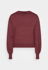 Burgundowa, długosleeve'owa wełniana sweter z okrągłym dekoltem oraz ściągaczami na rękawach i u dołu, zaprezentowany na białym tle.