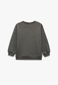 Ciemnoszary sweatshirt z długimi rękawami, ściągaczami przy mankietach i dekolcie. Miękka tkanina o prostym, klasycznym kroju bez dodatkowych ozdób.