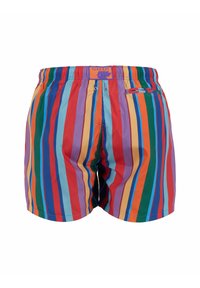 Costume da bagno multicolore con strisce verticali in rosso, blu, verde e giallo. Realizzato in materiale leggero con un elastico in vita.