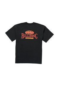 Svart bomulls t-shirt med en röd och gul Billabong-logotyp på baksidan, rundad halsringning och korta ärmar.