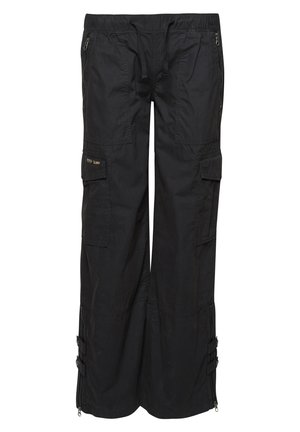 Pantalons cargo noirs en tissu léger. Dotés d'une taille élastique, de plusieurs poches et de zips en bas. Fini texturé.