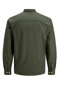 Olive green long-sleeve shirt with a collar, buttoned cuffs, and a smooth fabric texture. Includes a yoke seam at the back.