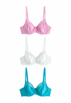 Tre underwire-bh'er i pink, hvid og blå arrangeret lodret på en hvid baggrund.