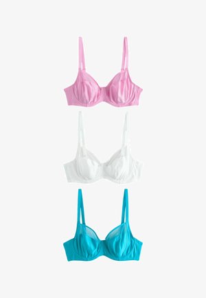 Drei Bügel-BHs in Pink, Weiß und Blau, vertikal auf weißem Hintergrund angeordnet.