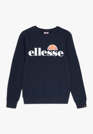 Granatowa bluza z długim rękawem z białym napisem "ellesse" i pomarańczowym logo w kształcie półokręgu na piersi, ze ściągaczami na rękawach i u dołu.