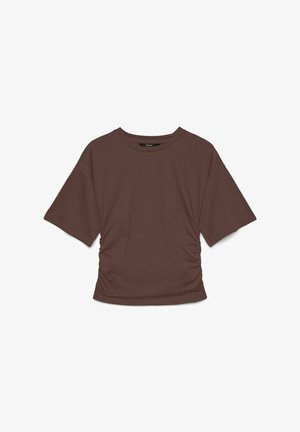 Bruin kort mouwen dames top met ronde hals en zijsamenstelling, plat gelegd op een witte achtergrond.