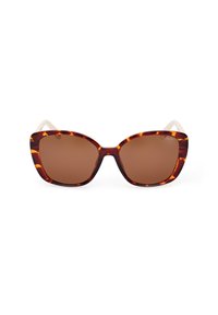 Tortoiseshell zonnebril met bruine gepolariseerde lenzen en een uitgesproken cat-eye vorm. Transparante accenten aan de zijkanten versterkten het ontwerp.