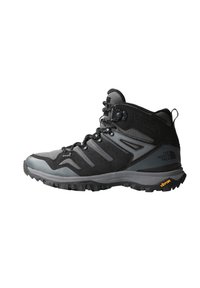 Buty trekkingowe wykonane z połączenia czarnego i szarego materiału, z teksturowanym wierzchem, wysokim wsparciem kostki oraz solidną podeszwą Vibram.