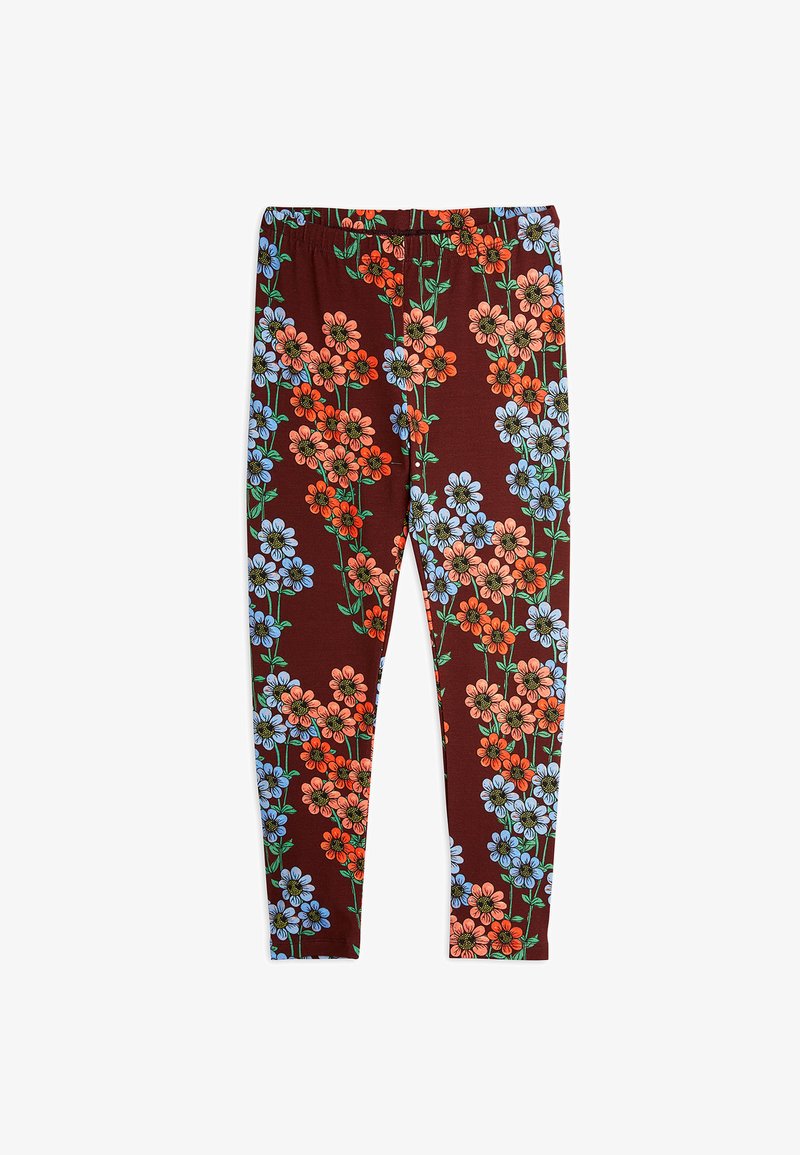 Floral leggings featuring a brown background with orange and blue flowers, an elastic waistband, and a fitted design.