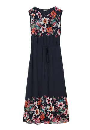 Rochie fără mâneci de culoare bleu marin, cu talie ajustată, având un model floral în nuanțe de roșu, roz și verde la margine și la guler.