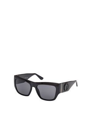 Black rectangular sunglasses with dark lenses. Features a glossy finish, gold accent on the temples, and a logo on the side.