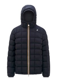 Doudoune noire avec capuche, motif matelassé, fermeture éclair à l'avant et détail coloré sur la fermeture éclair. Présente un logo sur le côté supérieur gauche.