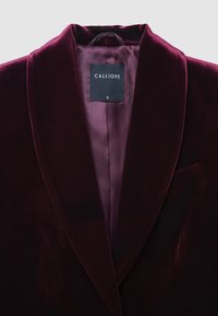 Blazer en velours bordeaux avec intérieur en satin, revers nets, une poche unique, et une étiquette affichant "CALLIOPE" ainsi que la taille "S". Texture lisse.
