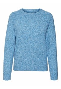 Ljust blått prickigt stickat tröja med långa ärmar och rund halsringning, visad mot en enkel vit bakgrund.