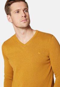 Sweter w kształcie V w kolorze musztardowym, charakteryzujący się gładką fakturą oraz prążkowanymi detalami przy kołnierzu i małym logo na piersi.