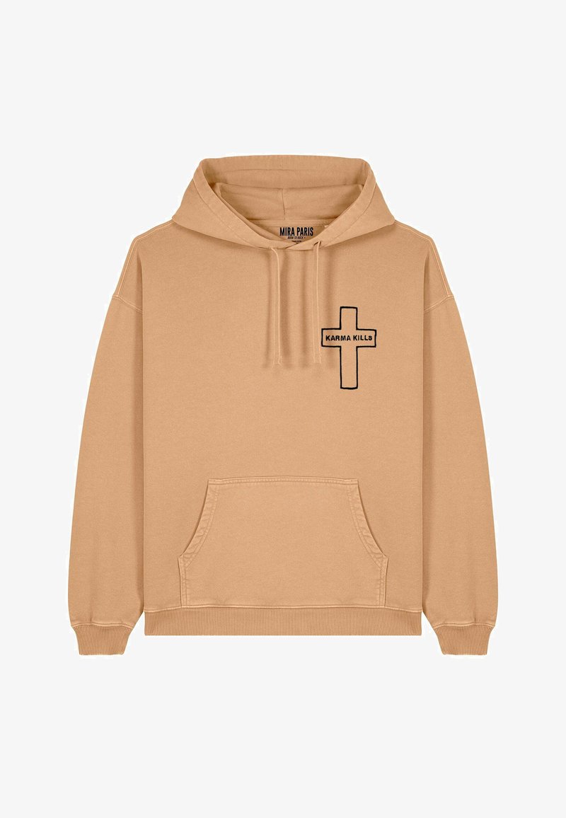 Felpa beige con tasca a marsupio, cappuccio con cordini e testo nero che recita "KARMA KILLS" accanto a una croce nera sul petto.