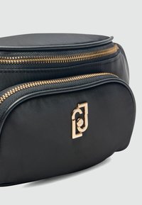 Borsa nera sintetica con cerniere dorate, due scomparti e un evidente dettaglio del logo dorato sulla parte anteriore. Texture liscia. Forma rotonda.