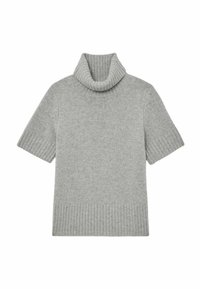 Maglione a maniche corte color grigio chiaro con collo alto, realizzato in morbido tessuto lavorato a maglia. Presenta dettagli a coste sul colletto e sull'orlo. Design semplice e strutturato.