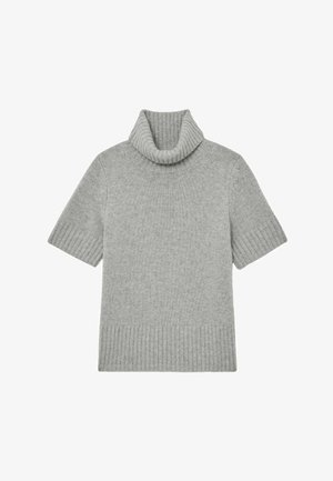 Svetlosivý rolák s krátkym rukávom vyrobený z mäkkej pletenej látky. Má žebrované detaily na golieri a leme. Jednoduchý, štruktúrovaný dizajn.