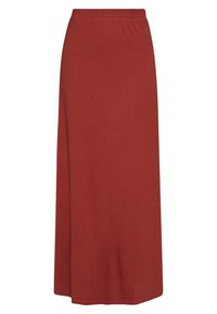 Lang rød nederdel lavet af blødt, strækbart stof med elastisk talje. Enkel design, gulvlængde og en glat tekstur. Ingen synlige mønstre.