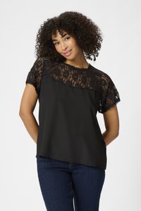 Black blouse with lace overlay featuring floral pattern, short sleeves, round neckline, and smooth fabric for the main body.