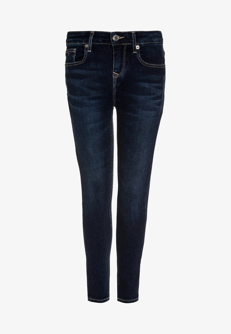 Jean slim bleu foncé avec cinq poches, fermeture par bouton et surpiqûres contrastantes, présenté de face sur fond blanc.
