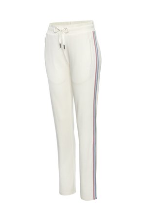 White jogger pants with drawstring waist, side zipper pocket, and blue, red, and black striped trim running down the outer leg.
