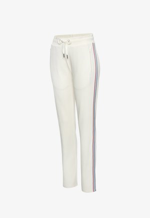 White jogger pants with drawstring waist, side zipper pocket, and blue, red, and black striped trim running down the outer leg.