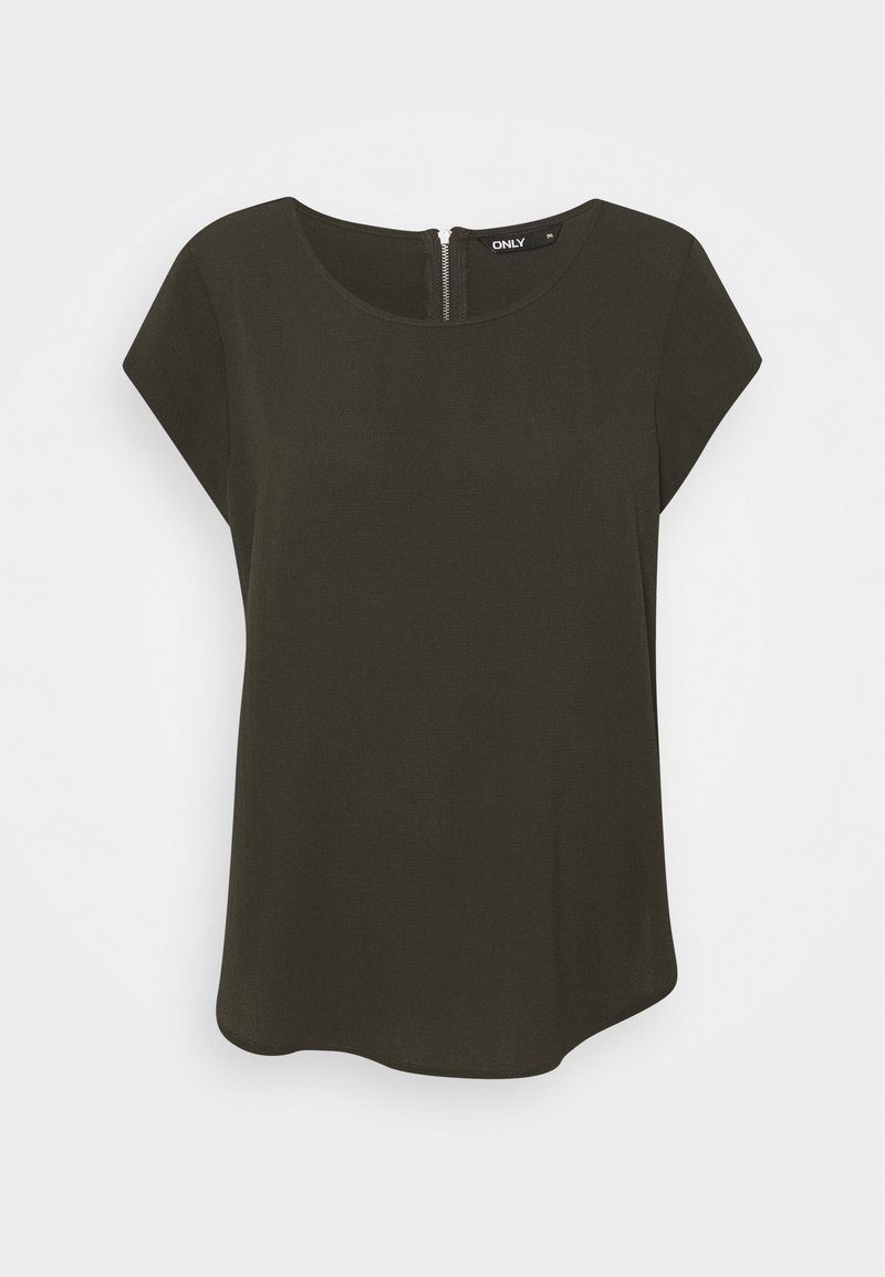 Blouse à manches courtes vert foncé avec encolure ronde et fermeture éclair visible dans le dos, design uni sans motifs ni décorations.
