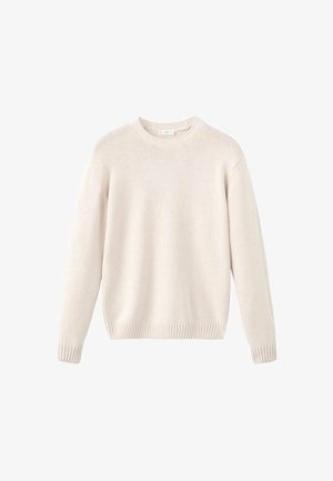 Lys beige strikket sweater med rund halsudskæring, ribbede manchetter og kant. Blød tekstur og afslappet pasform, der viser et simpelt design.