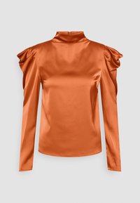 Langärmliges Oberteil aus glänzendem, tieforangem Satin. Mit hohem Kragen und strukturierten, puffartigen Schultern. Reißverschluss hinten.